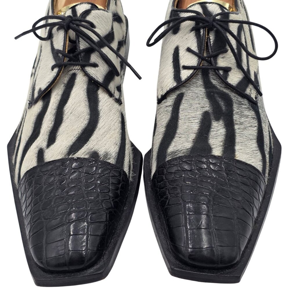 Vintage David Eden Mens Size 9 Alligator Pony Hair Zebra Black White Spectators - Picture 2 of 12